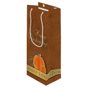 Precious Gold Thanksgiving Pumpkin Leaves Wine Gift Bag