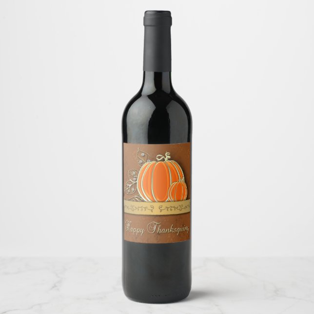 Precious Gold Thanksgiving Pumpkin Leaves Wine Label (Front)