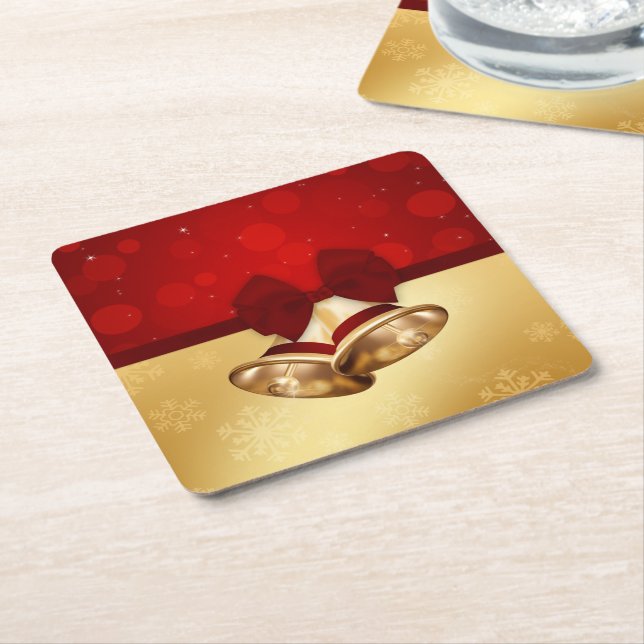 Precious Golden Christmas Bells Square Paper Coaster (Angled)