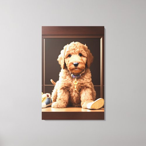 Precious Goldendoodle Puppy with Shoes Brown Color Canvas Print