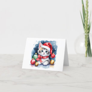 Precious Gray and White Santa Kitten BLANK Holiday Card