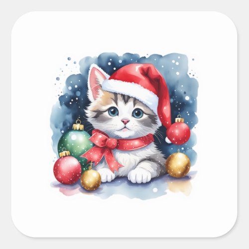 Precious Gray and White Santa Kitten  Square Sticker