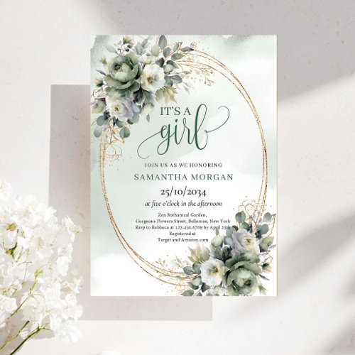 Precious Joy Botanical Green It's a Girl Invite