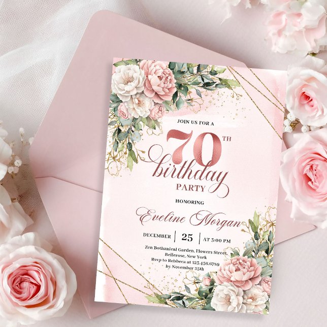 Precious Light Pink Bohemian Floral 70th Birthday  Invitation (Precious Light Pink Bohemian Floral 70th Birthday Invitation)