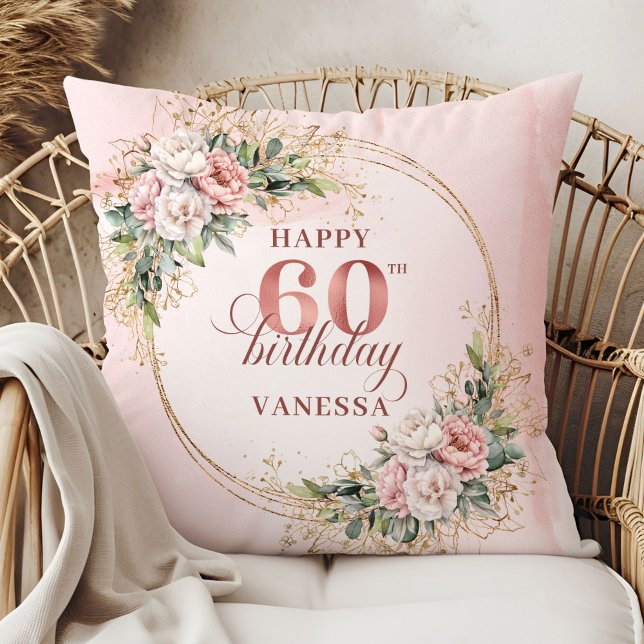 Precious Light Pink Boho Floral Gift 60th birthday Throw Pillow (Precious Light Pink Boho Floral Gift 60th birthday pillow)