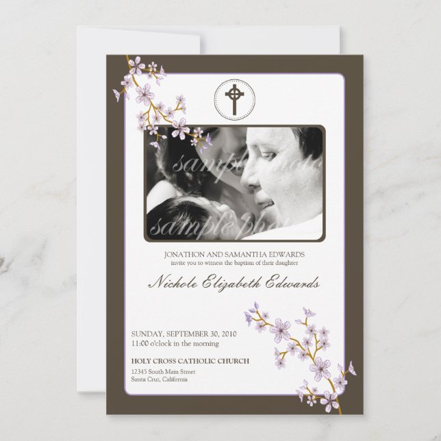 Precious Lilac Cherry Blossom Baptism Invitation (Front)