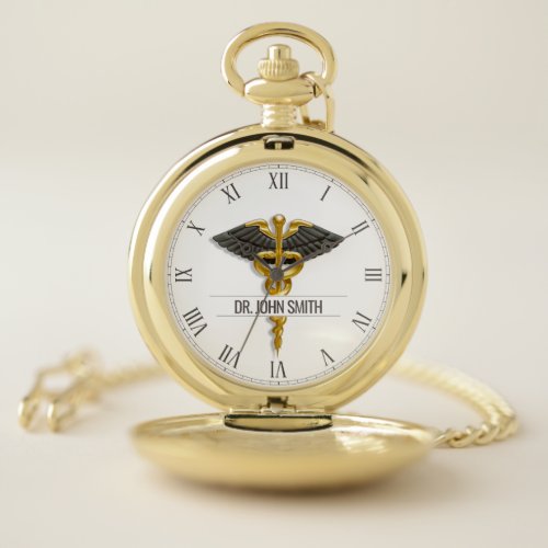 Precious Medical Gold Caduceus Black Wings Name Pocket Watch