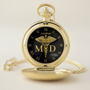 Precious Medical Gold Caduceus Medical Doctor MD P Pocket Watch