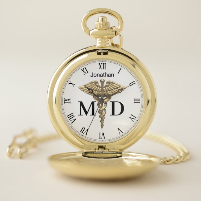 Precious Medical Gold Caduceus Medical Doctor MD Pocket Watch (Inside)