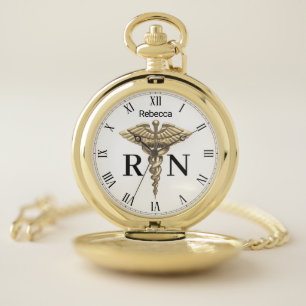 Precious Medical Gold Caduceus Registered Nurse RN Pocket Watch