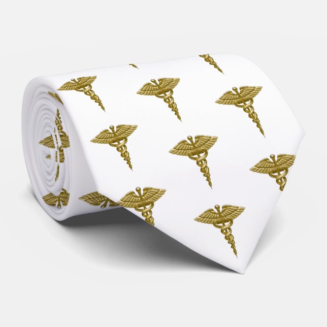 Precious Medical Gold Caduceus White Pattern Neck Tie (Rolled)