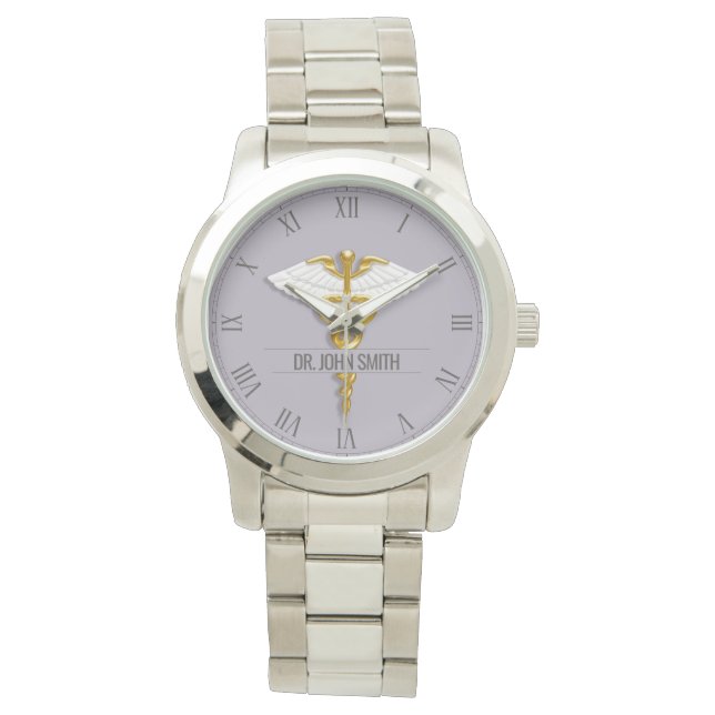 Precious Medical Gold Caduceus White Wings Name Watch (Front)