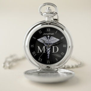 Precious Medical Silver Caduceus Medical Doctor MD Pocket Watch