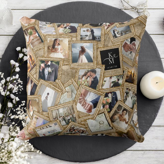 Precious Memories 30 Photo Collage Gold ID1065 Throw Pillow (Creator Uploaded)