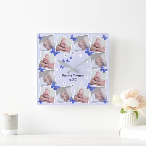 Precious Moments 20XX Photo Collage Blue Butterfly Square Wall Clock