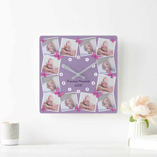 Precious Moments 20XX Photo Collage Pink Butterfly Square Wall Clock (Home)