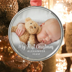Precious My First Christmas Childs Photo Name Year Metal Ornament