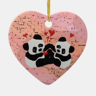 Precious Panda Hearts Ceramic Ornament
