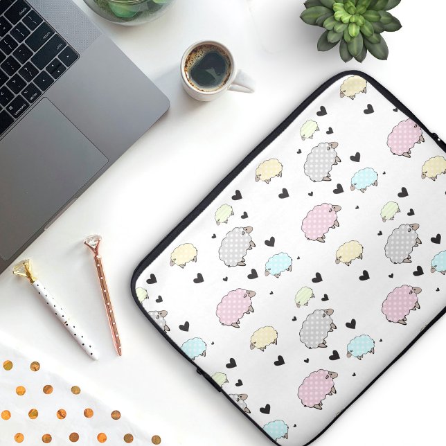 Precious Pastel Sheep & Hearts Pattern Laptop Sleeve (Polkadot Sheep and Hearts Pattern Laptop Sleeve)