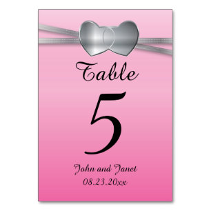 Precious Pink and Silver Wedding Love Hearts Table Number