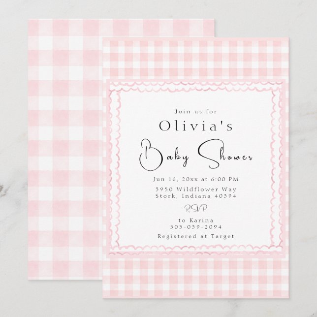 Precious Pink Gingham Baby Shower Invitation (Front/Back)