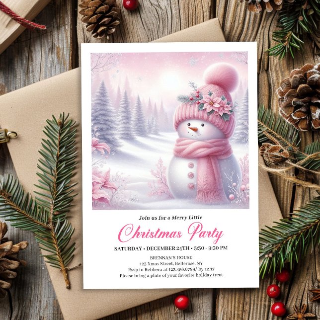 Precious Pink Snowman Editable Kids Christmas  Invitation (Precious Pink Snowman Editable Kids Christmas Invite File)