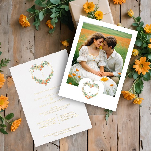 Precious Romantic Orange Green Floral Heart Shape Foil Invitation (Cherish Romantic Orange & Green Floral Heart Shape Wreath Wedding Golden Metallic Foil Invitations.)
