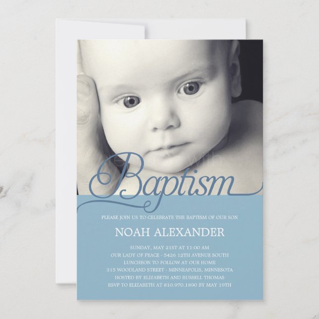 Precious Script Photo Baptism Invitation - Blue (Front)