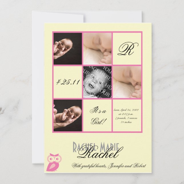 Precious Squares in Pink Photo Baby Announcement (Front)