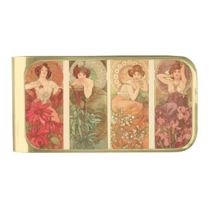 Precious Stones and Flowers, Alphonse Mucha Art Gold Finish Money Clip