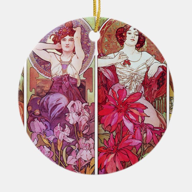 Precious Stones and Flowers, Alphonse Mucha Ceramic Ornament (Front)