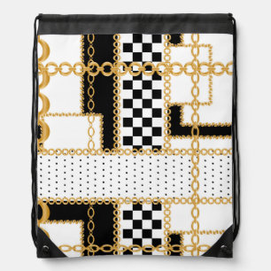 Precious stones, gold chains, seamless pattern. drawstring bag