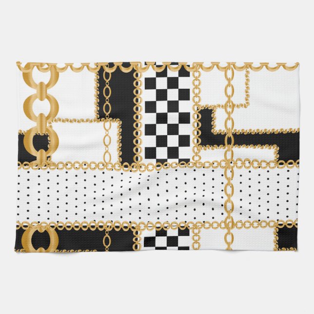 Precious stones, gold chains, seamless pattern. kitchen towel (Horizontal)