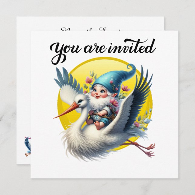 Precious Stork and Gnome  Invitation (Front/Back)