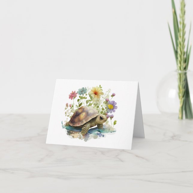 Precious Turtle with Lots of Flowers Blank Greetin Card (Front)