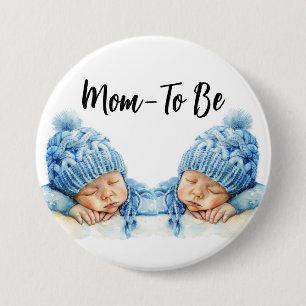 Precious Twin Baby Boys in Blue Hats Mom-To-Be But Button