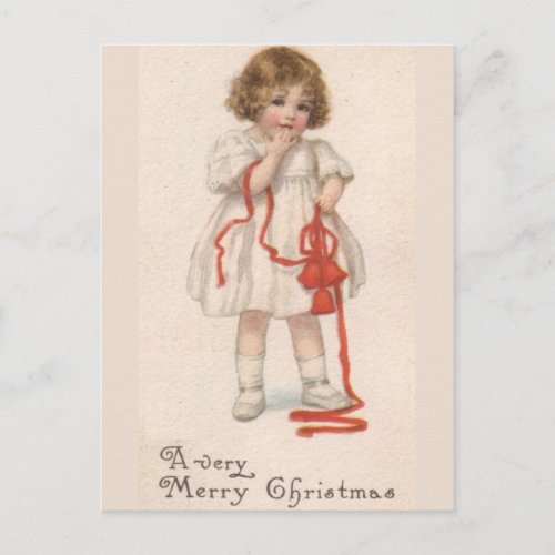 Precious Vintage Little Girl With Christmas Ribbon Holiday Postcard