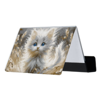 Precious White Kitten Desk Business Card Holder