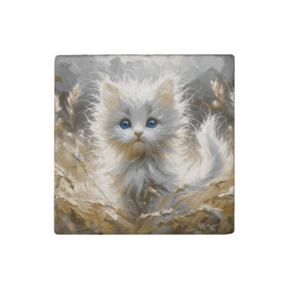 Precious White Kitten  Stone Magnet