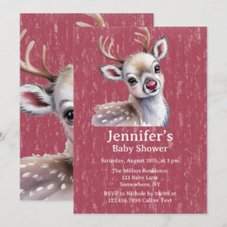 Precious White Reindeer Red Shiny Nose Baby Shower Invitation