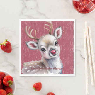Precious White Reindeer Red Shiny Nose Birthday Napkins