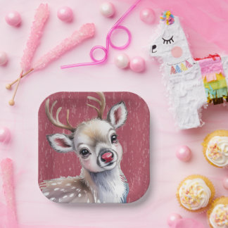 Precious White Reindeer Red Shiny Nose Birthday Paper Plates