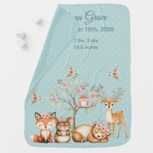 Precious Woodland Animals Birth Record  Baby Blanket