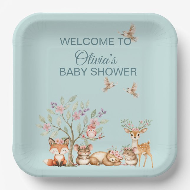 Precious Woodland Animals - Welcome to Baby Shower Paper Plates (Front)