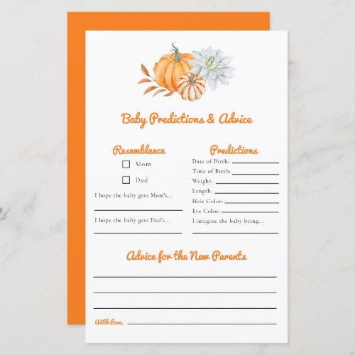 Predictions  Advice Baby Shower Game Fall Pumpkin