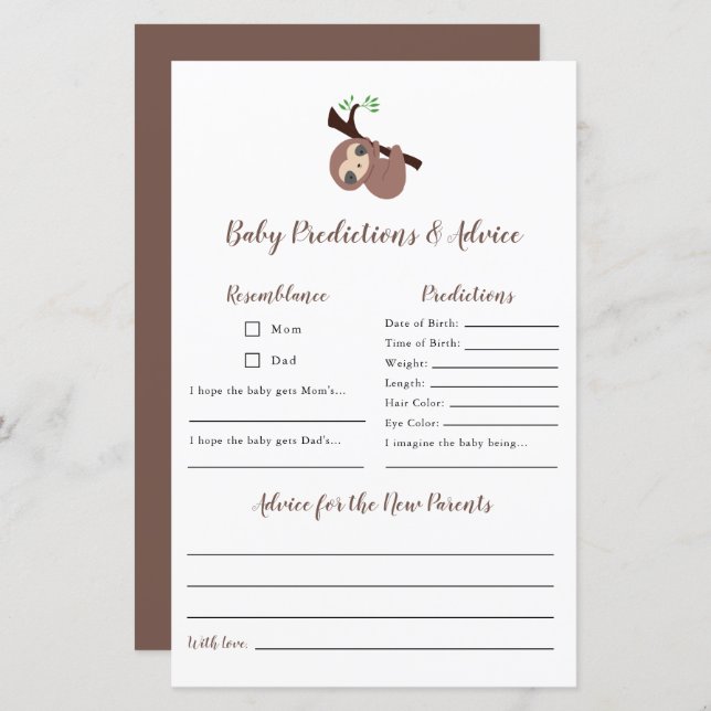 Predictions & Advice Cute Sloth Baby Shower Game (Front/Back)