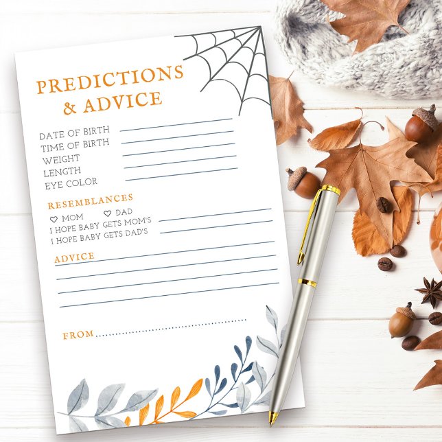 Predictions Advice Halloween Baby Shower Activity (Predictions & Advice halloween themed baby shower activity with fall leaves and cobweb)