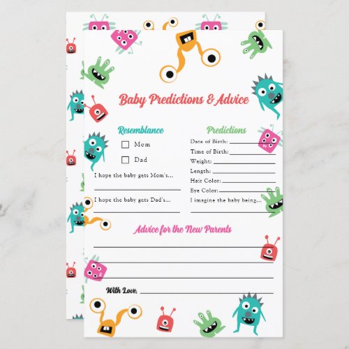 Predictions Advice Little Monster Baby Shower Game