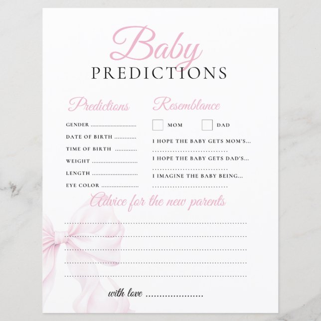 Predictions & Advice Pink Bow Baby Shower Game (Front)
