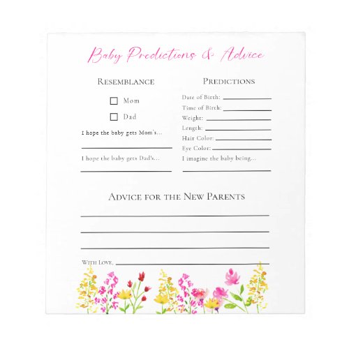 Predictions  Advice Wildflowers Baby Shower Game Notepad